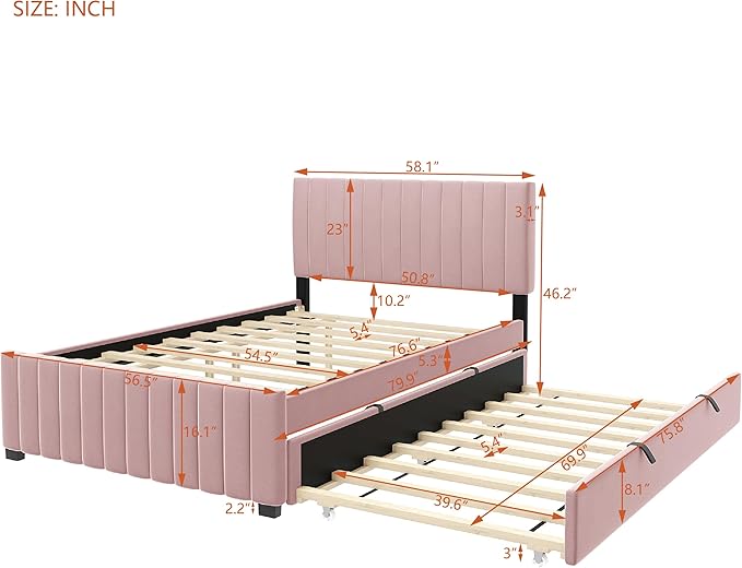 Full Bed Frame with Trundle Bed, Velvet Upholstered Platform Bed Frame - Image 2