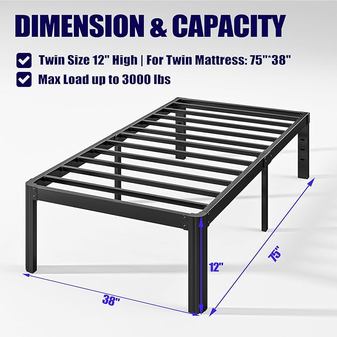 Hunlostten 12" Heavy Duty Twin Bed Frame No Box Spring Needed, Metal Platform - Image 2
