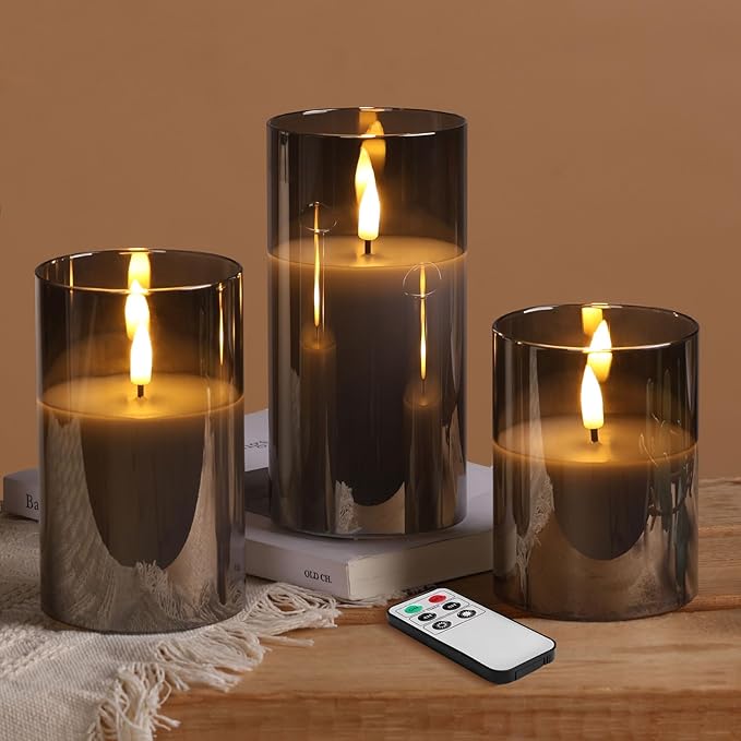 Eywamage Smoke Grey Glass Flameless Pillar Candles - Image 9