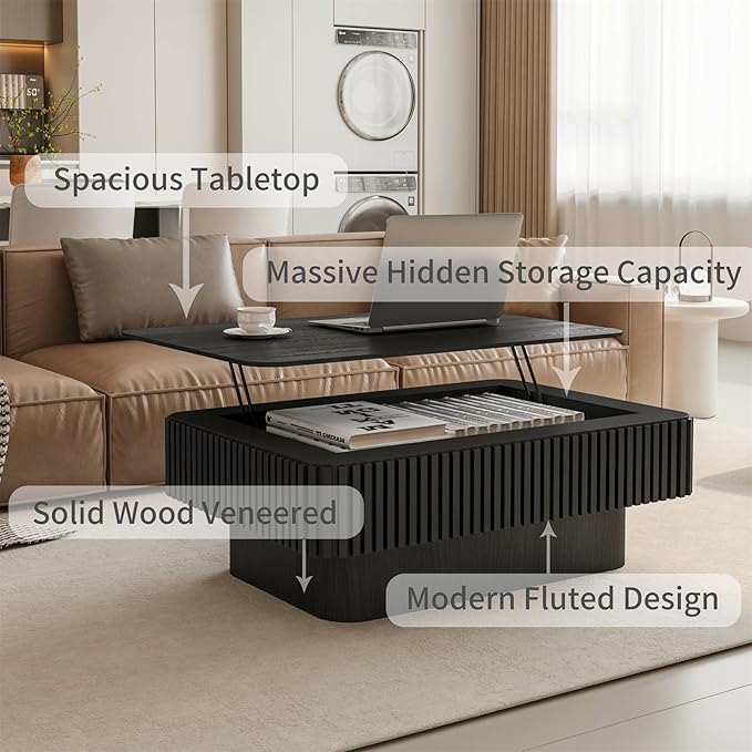 LKTART Lift Top Coffee Table for Living Room, Accent Fluted Coffee Table - Image 5