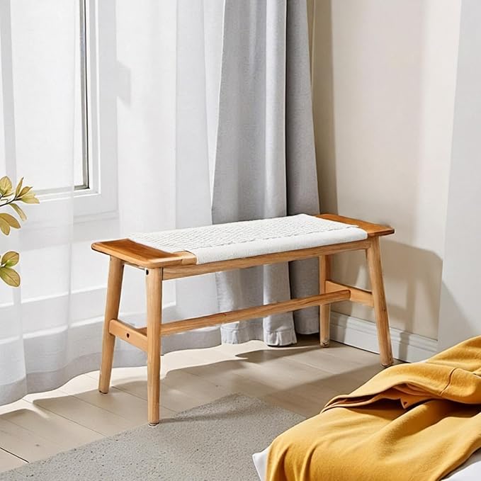 31.5'' Woven Dining Beach with 100% Solid Oak Wood Bench Frame, Hand Knitted by Wayshome