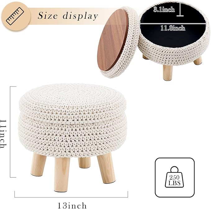 LGENHOOM Round Storage Ottoman Foot Rest Cotton Braided Foot Stool Pouf Ottoman - Image 3