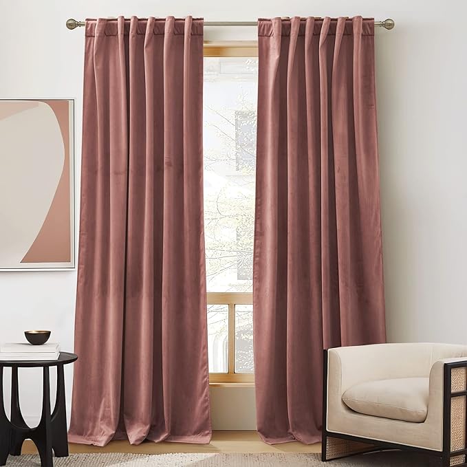 RYB HOME Wild Rose Velvet Curtains 102 inches, Back Tab Soft Fabric Room by RYBHOME