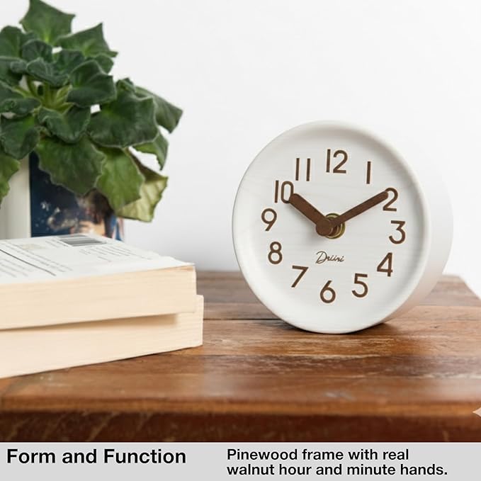 Driini Wooden Analog Desktop Clock – 4.3 in. Decorative Pinewood, No-Tick - Image 2