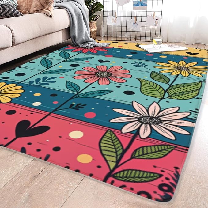 Machine Washable 3' x 5' Folk Art Print Style Area Rug, Flowers Floor mat - Image 4