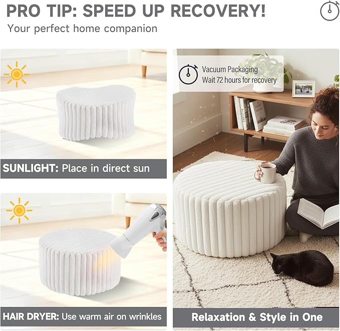 Tiita Round Stuffed Pouf Ottoman, Stripe Faux Fur Poufs - Image 9