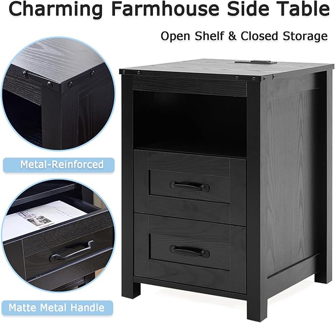 Puntogen Black Night Stand, Rustic End Table - Image 6