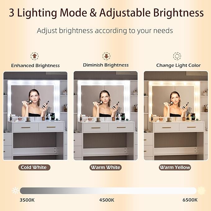 White Vanity Desk with Mirror, Lights & Charging Station, 2 Cabinets and Lots - Image 3