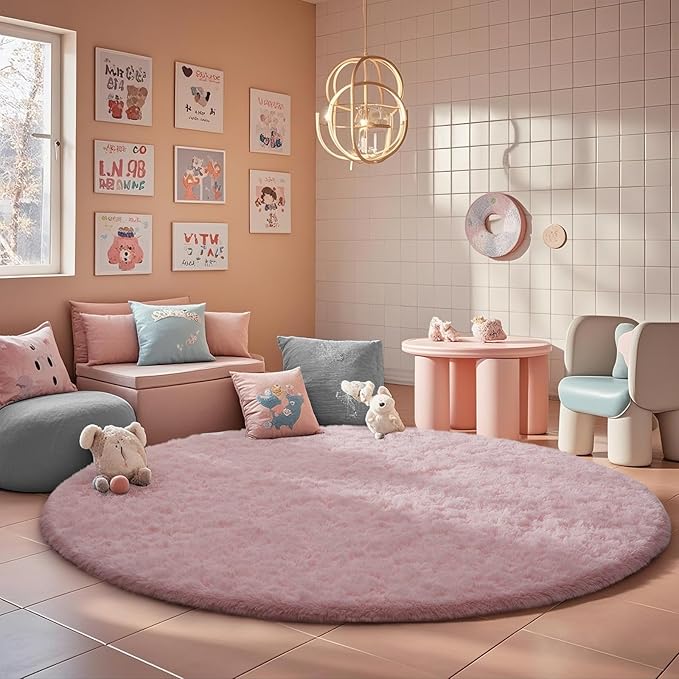 Ophanie Round Rugs 7Ft Pink Circle Area Rug, Fluffy Fuzzy Bedroom Carpet by Ophanie