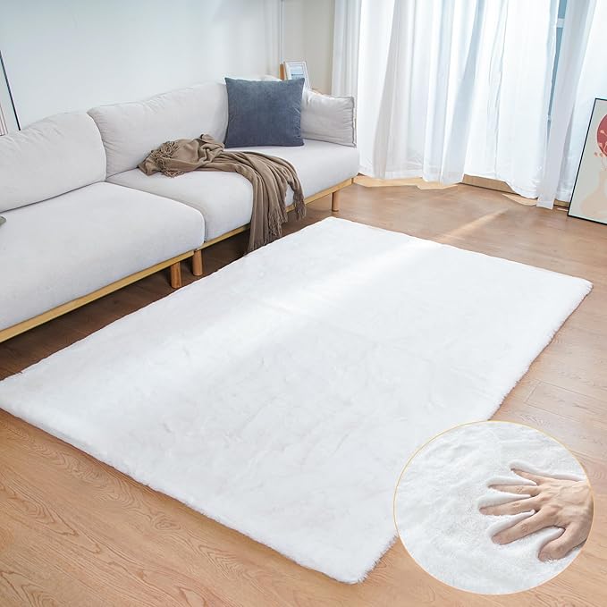 White Faux Rabbit Fluffy Fur Area Rugs by ORINOVA