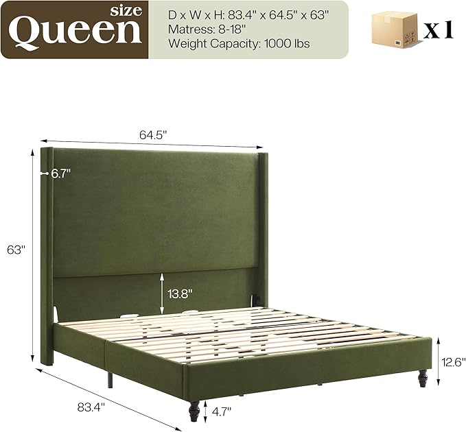 Queen Bed Frame with 63" Tall Headboard, Horizontal Fine Corduroy Bed Frame - Image 2