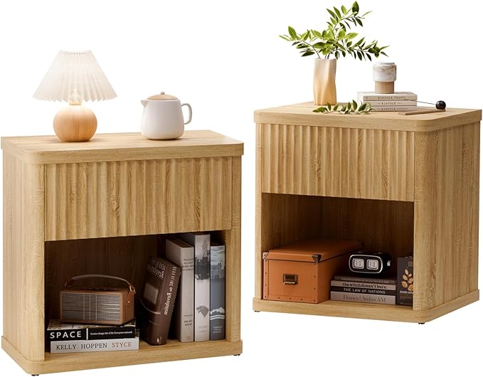 CMFYDAILY Fluted Night Stand Set 2, Large Wood Bedside Table Set of 2 by CMFYDAILY