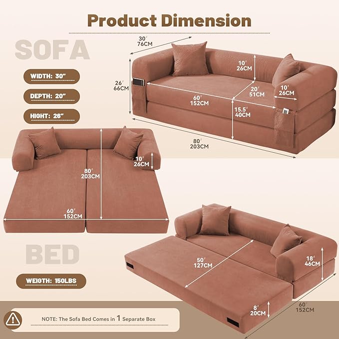 80" Convertible Sofa Bed, Corduroy Folding Sleeper Sofa Bed Queen - Image 3