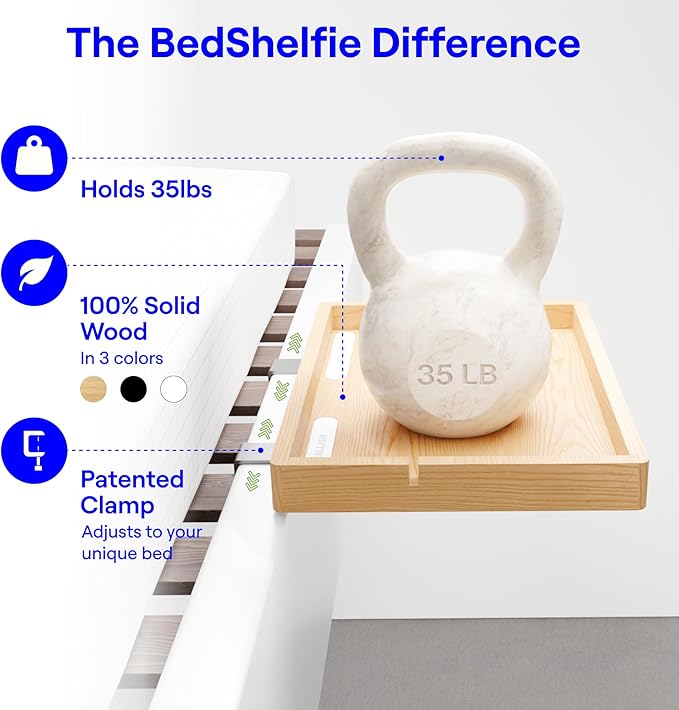 BedShelfie Wood Bedside Shelf for Bunk Bed & Top Bunk, College Dorm Room - Image 7