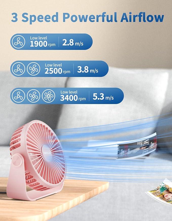 TriPole USB Desk Fan Portable Mini Fan Powerful 3 Speeds Wind Personal Desktop - Image 4