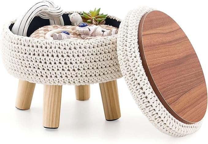 LGENHOOM Round Storage Ottoman Foot Rest Cotton Braided Foot Stool Pouf Ottoman by LGENHOOMHandwovenNaturalWaterHyacinthBasket