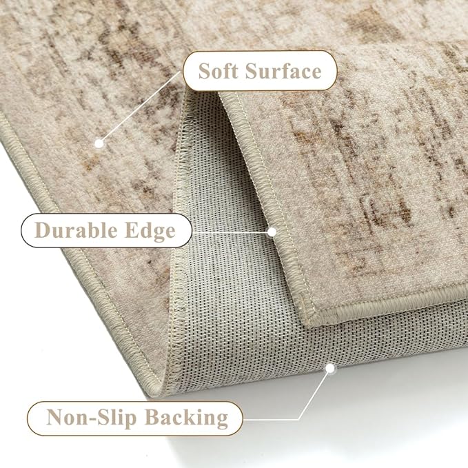 Beige 8x10 Area Rug Non Slip Large Vintage Living Room Distressed Machine - Image 3