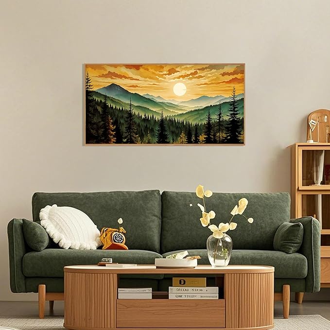 LHIUEM Large Boho Sunset Mountain Framed Canvas Wall Art, Retro Pine Tree Wall - Image 2