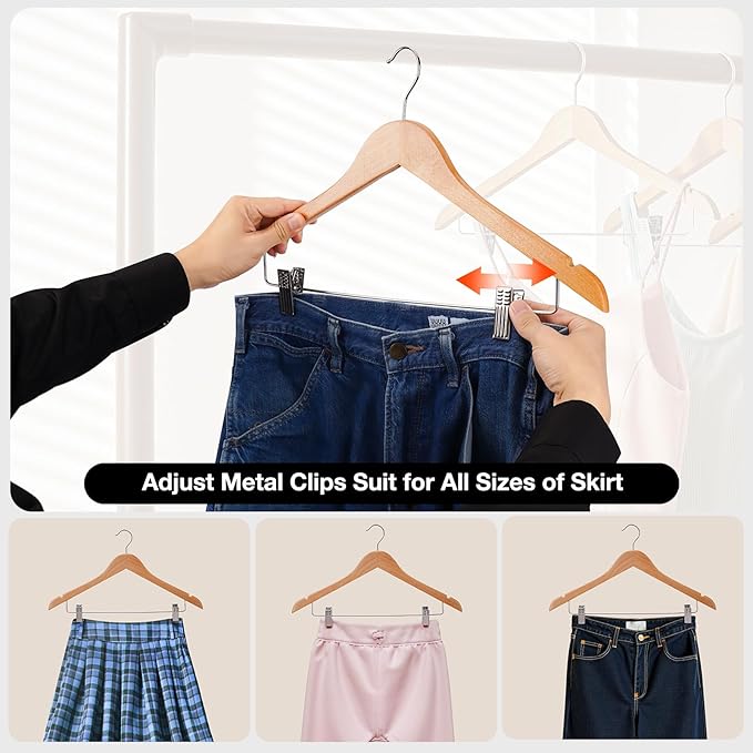 Wooden Hangers with Clips 24 PCS Pants Hangers with Clips, Smooth Solid Wooden - Image 3