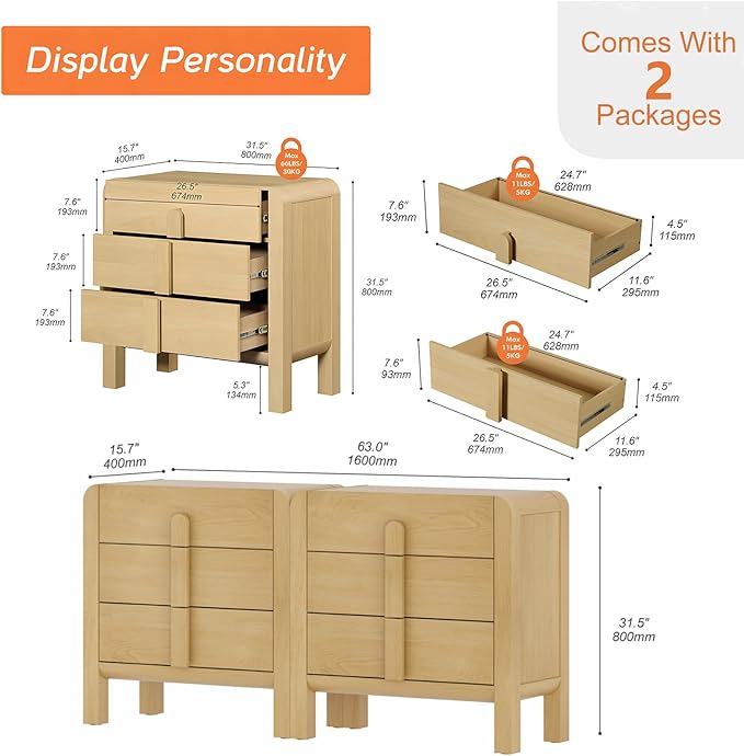 WAMPAT Modern 3-Drawer Nightstand Set of 2, 31.5" Tall Nightstand End Table - Image 3
