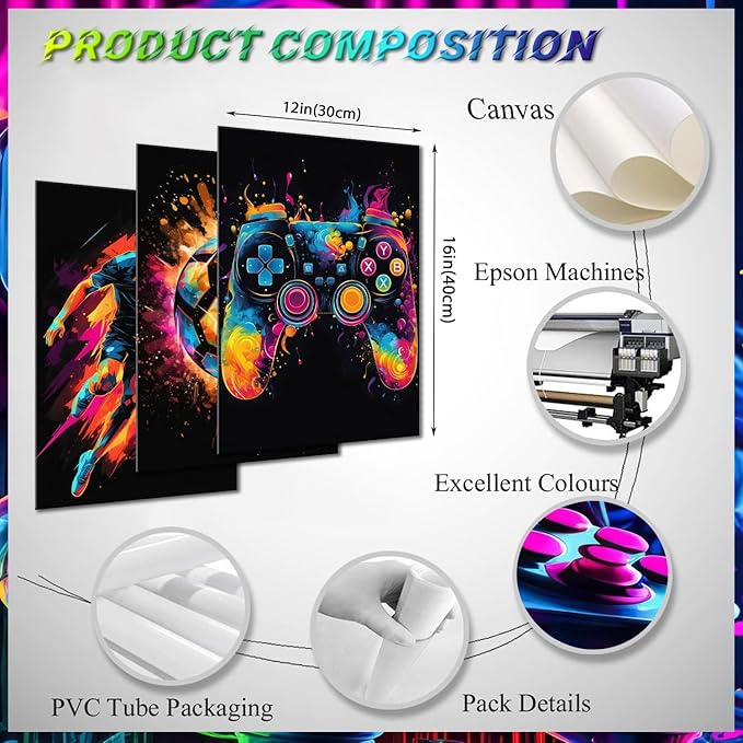 Canvas Wall Art Poster Decor, Paintings Art Game Controller Color Splash Ink - Image 3