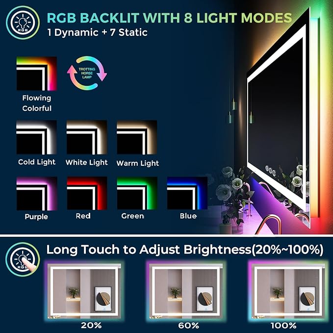 YEELAIT 36x30 Inch RGB LED Bathroom Mirror Front Light and RGB Backlit Lighted - Image 3