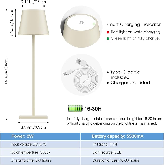 2-Pack LED Cordless Table Lamp, Rechargeable Battery Desk lamp 3W 5500mAh - Image 7