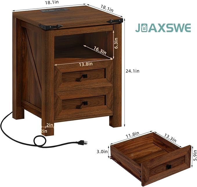 Joaxswe Nightstand with Charging Station and USB Port, Farmhouse Side End Table - Image 2