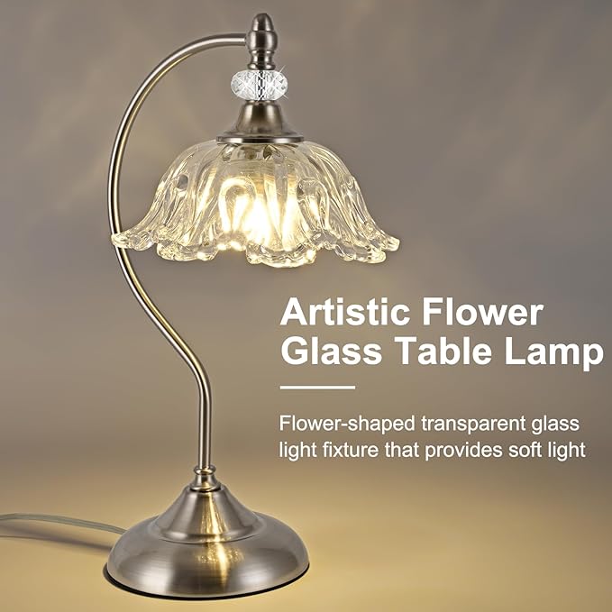 Brushed Nickel Table Lamp with a Floral Clear Glass Shade, A Plug-in Nightstand - Image 7