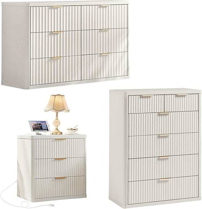 LEYAOYAO Fluted Dressers & Nightstand Set of 3, Wood 48" Wide Dresser & 42" by LEYAOYAO-Findtheshiningpointofyourideallife%EF%BC%81