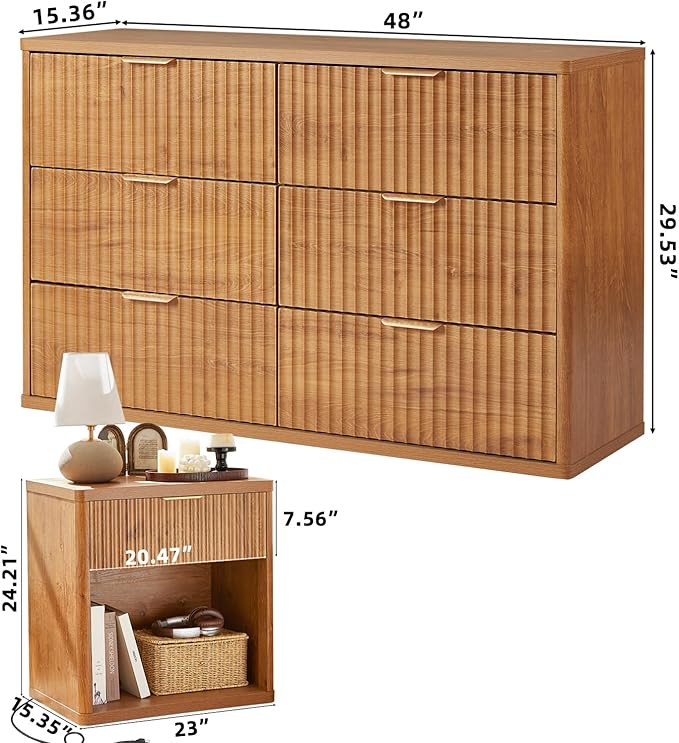 LEYAOYAO 48" Wide Fluted Dresser and 1 Drawers 23" Nightstand Set of 2 - Image 3