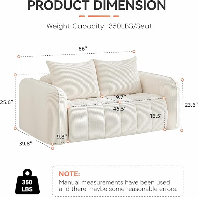 66'' Boneless Loveseat Sofa, 2 Seater Deep Seat Couch - Image 2