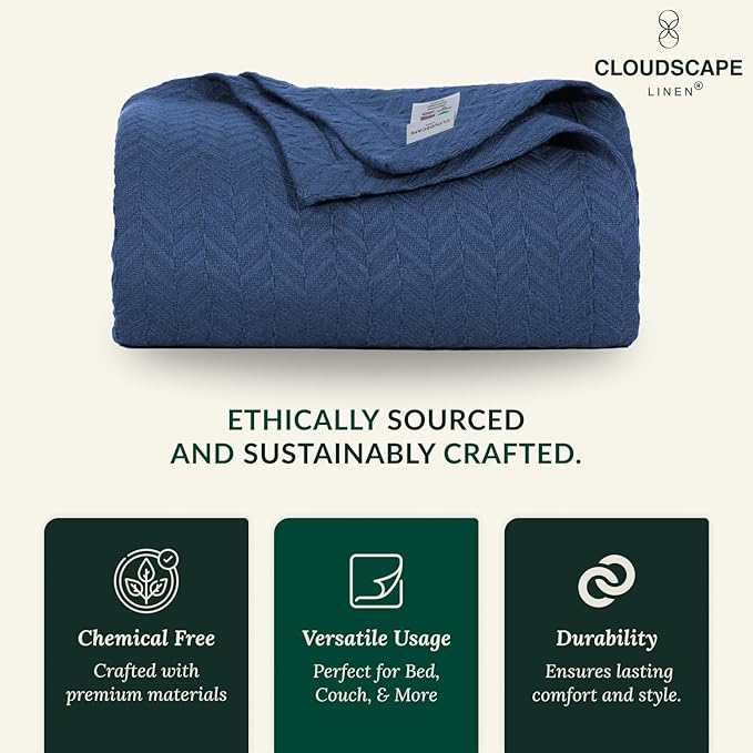 Cloud Scape Linen 100% Cotton Throw Blanket 50x70 Ensign Blue, Luxury - Image 5