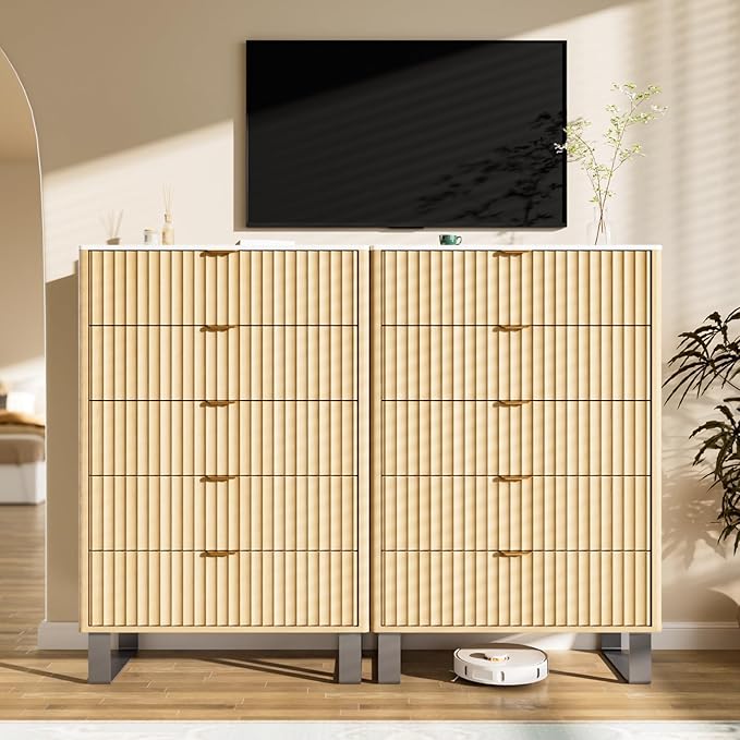 Fluted 5 Drawers Dresser, Wood Storage Organizers - Image 4