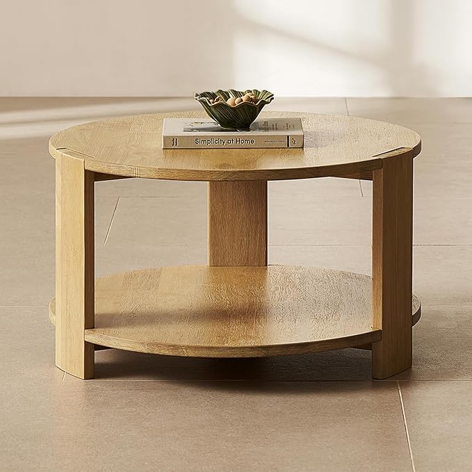 mopio Logan Solid Wood 2-Tier Round Coffee Table, Modern Farmhouse Solid by MopioInc