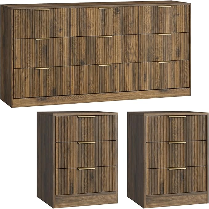 Walnut Dresser & 3 Drawer Nightstand Set 3-Piece, 63” Long 9 Drawer Dresser and - Image 8