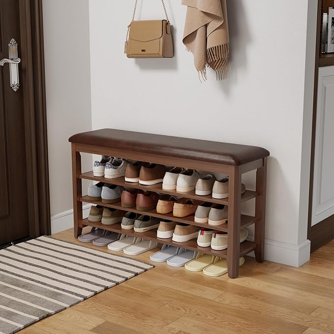 AQIMUELE Shoe Bench with Leather Cushion, 3 Tiers Shoe Storage Bench Height by AQIMUELE