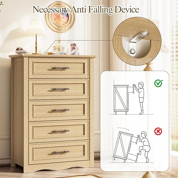 Farmhouse 5 Drawers Dresser, 45.5" H Modern Country Storage Dressers - Image 9