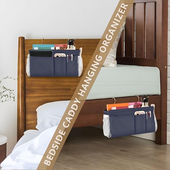KOPIRIT Navy Grey Bedside Caddy Storage Bag Bedside Organizer - Image 7