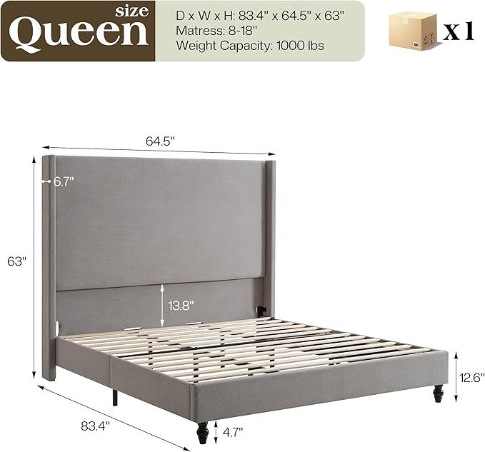 Queen Bed Frame with 63" Tall Headboard, Horizontal Fine Corduroy Bed Frame - Image 2