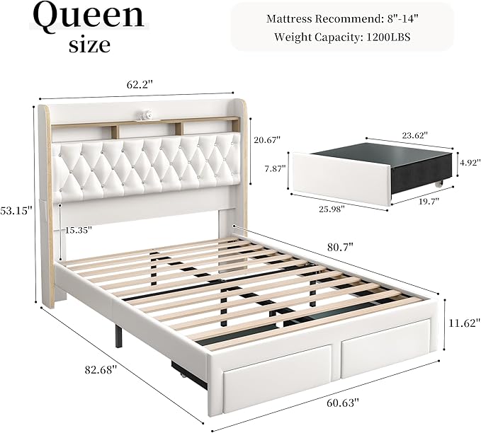 Queen LED Bed Frame with 2 Storage Drawers, PU Upholstered Platform Beds with - Image 2