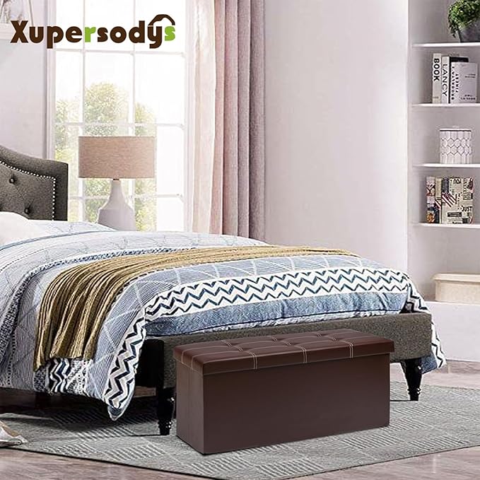 xupersodys 30 Inches Folding Storage Ottoman Bench, Faux Leather Footstool - Image 4