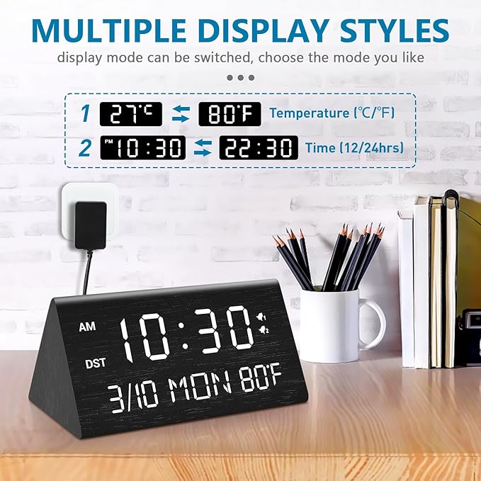 Kogonee Wooden Digital Alarm Clock, 0-100% Dimmer, 2 Alarm Settings, - Image 6