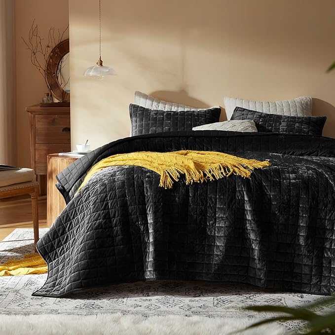 LEAONME Velvet Quilt Full/Queen Size-90''x98'', Lightweight Black Velvet by LEAONME