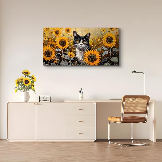 SERIMINO Large Wall Art Canvas Prints, Sunflower Cat Wall Art Aesthetic - Image 2