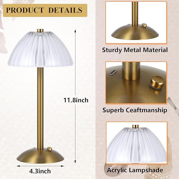 Liliful 6 Pcs Cordless Table Lamp Rechargeable Touch LED Small Gold Portable - Image 2