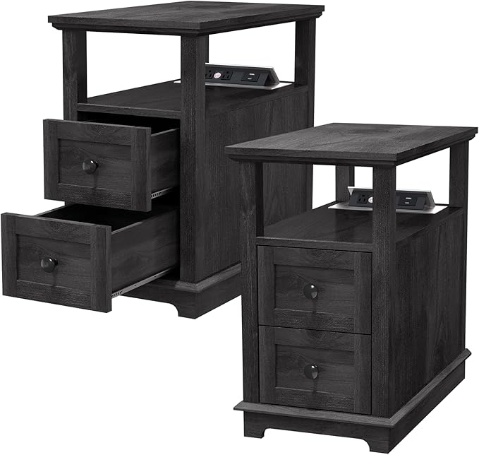 HIFYOBRO Narrow End Table with Flip Top Charging Station Set of 2, Side Table by HIFYOBROUS