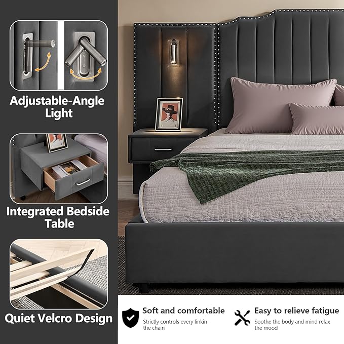 King Size Bed Frame with Storage, Luxury King Platform Bed Frame with Headboard - Image 4