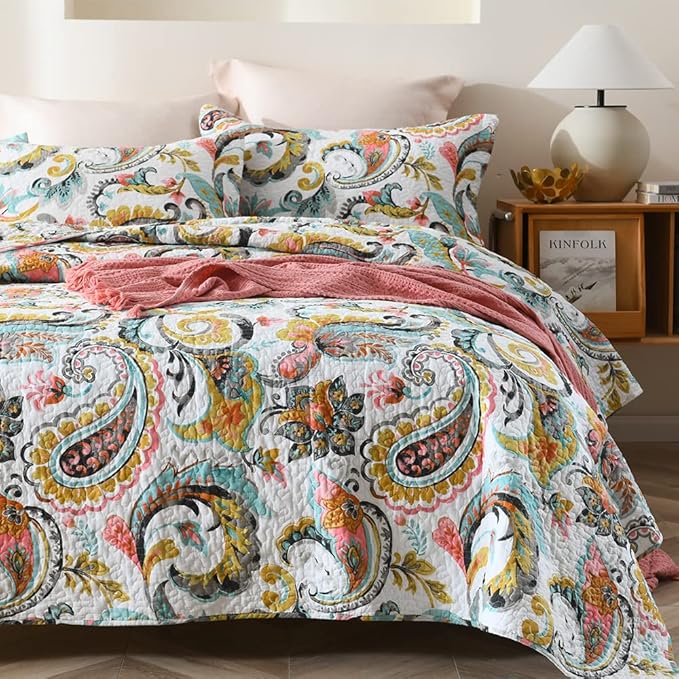 Cotton Bedspread Quilt Sets Reversible Bedding Coverlet Sets Comforter Paisley - Image 2