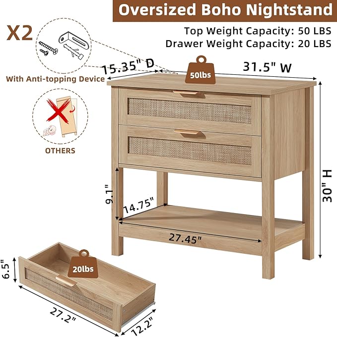 LEYAOYAO 31.5" Wide Rattan Night Stands Set 2, Oversized Large Boho Nightstand - Image 2
